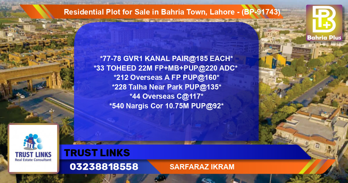Residential Plot for Sale in Bahria Town, Lahore - (BP-91743)