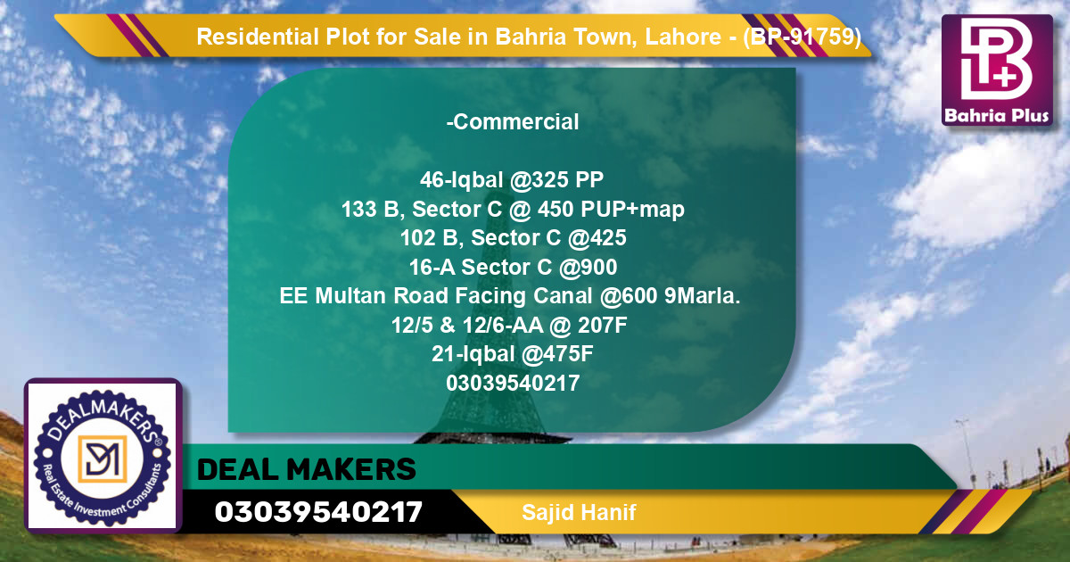 Residential Plot for Sale in Bahria Town, Lahore - (BP-91759)