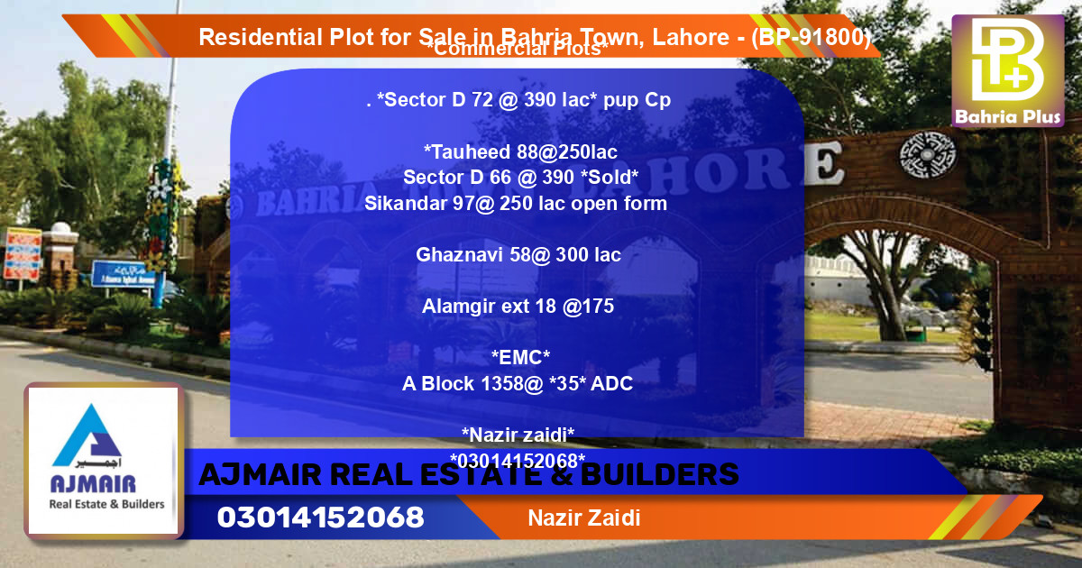 Residential Plot for Sale in Bahria Town, Lahore - (BP-91800)