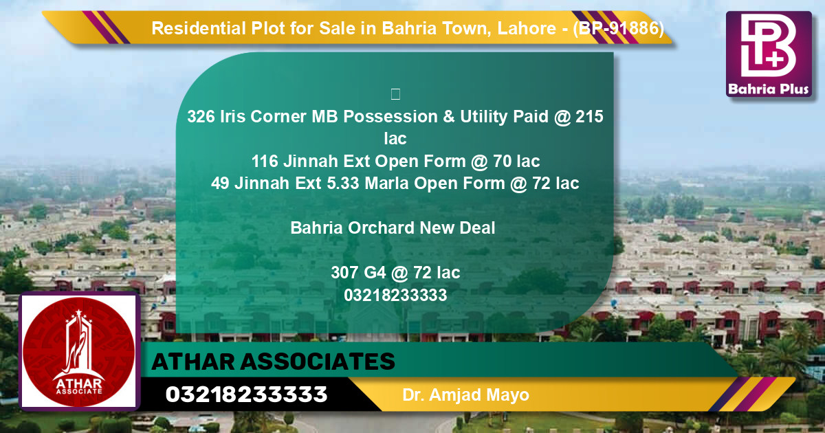 Residential Plot for Sale in Bahria Town, Lahore - (BP-91886)