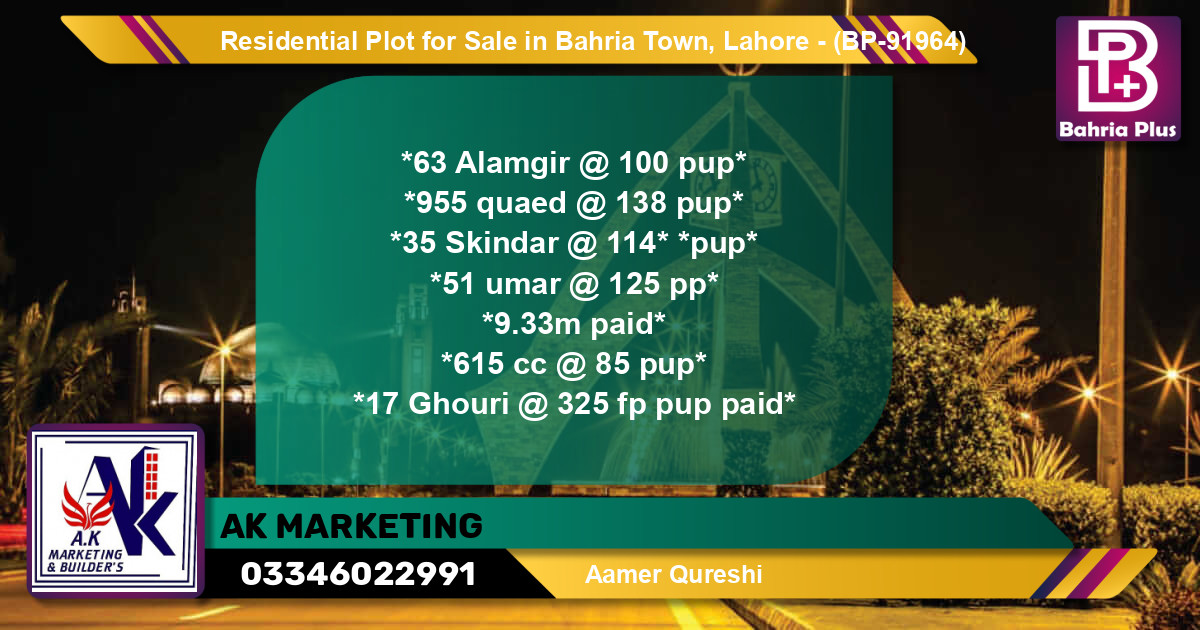 Residential Plot for Sale in Bahria Town, Lahore - (BP-91964)