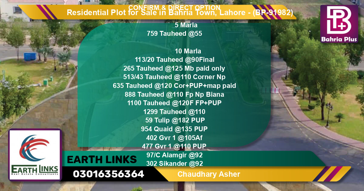 Residential Plot for Sale in Bahria Town, Lahore - (BP-91982)