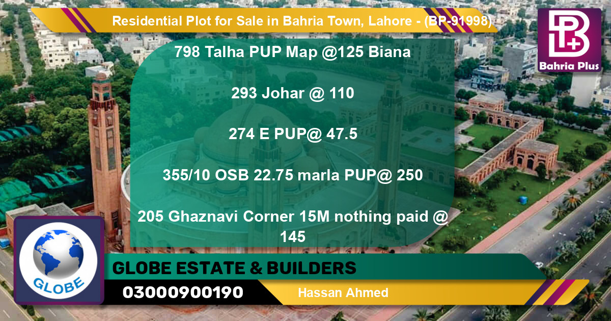 Residential Plot for Sale in Bahria Town, Lahore - (BP-91998)