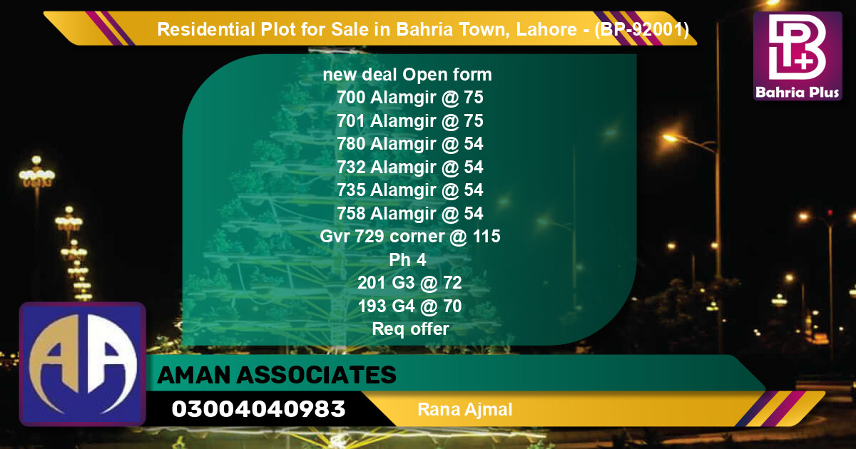 Residential Plot for Sale in Bahria Town, Lahore - (BP-92001)