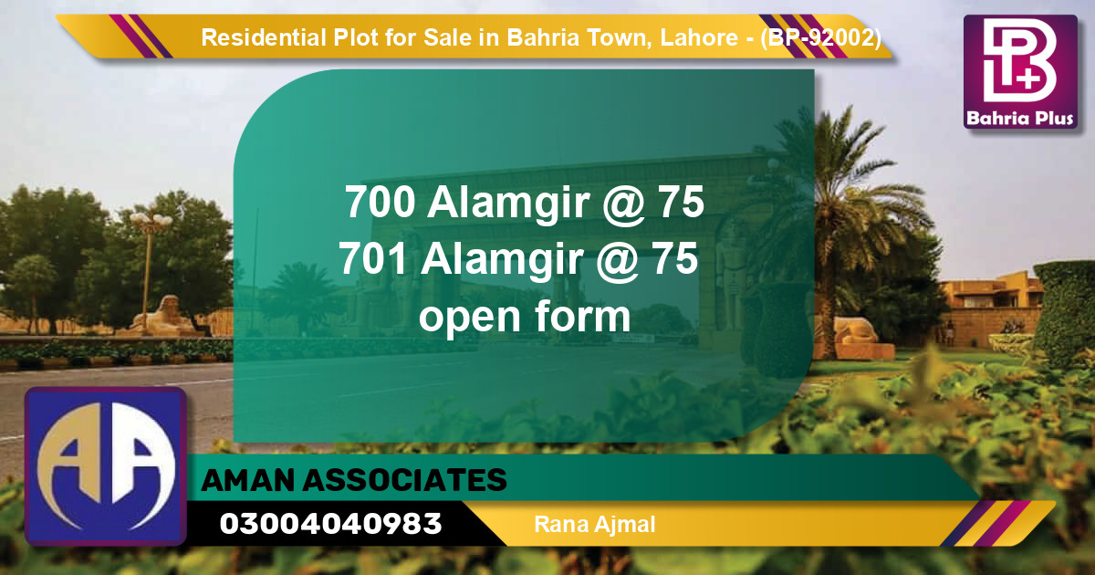 Residential Plot for Sale in Bahria Town, Lahore - (BP-92002)