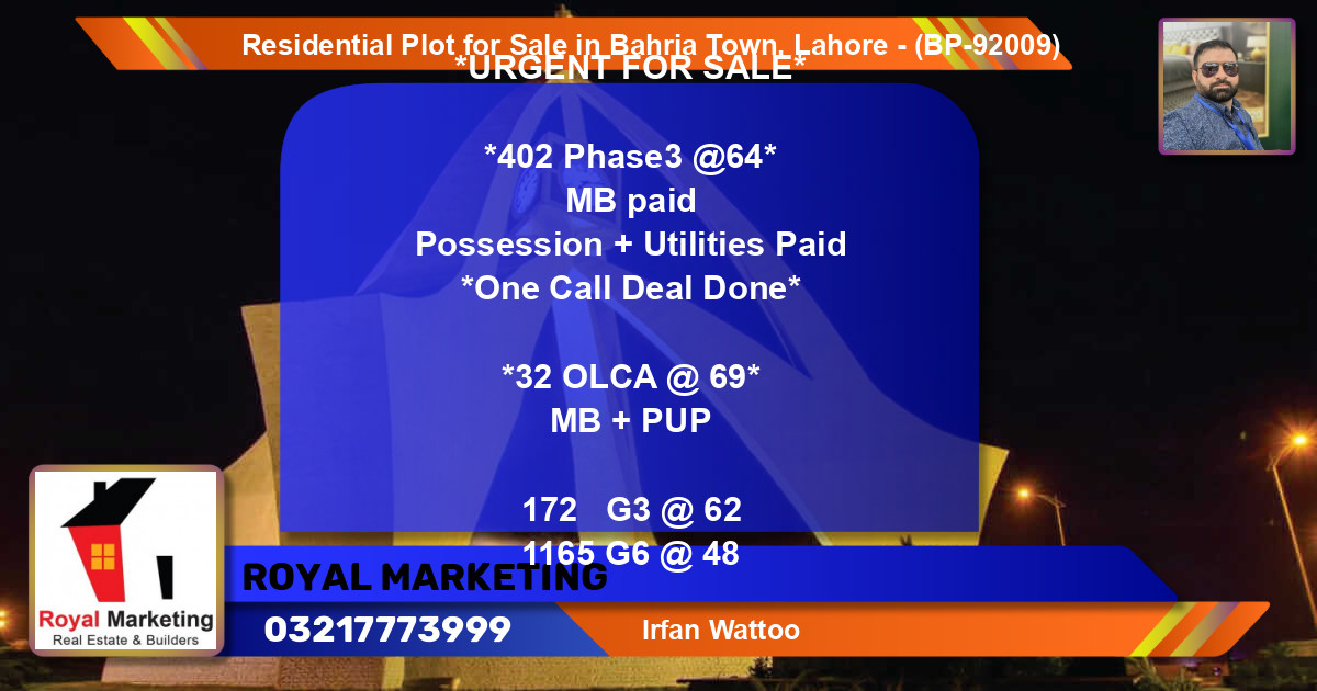 Residential Plot for Sale in Bahria Town, Lahore - (BP-92009)
