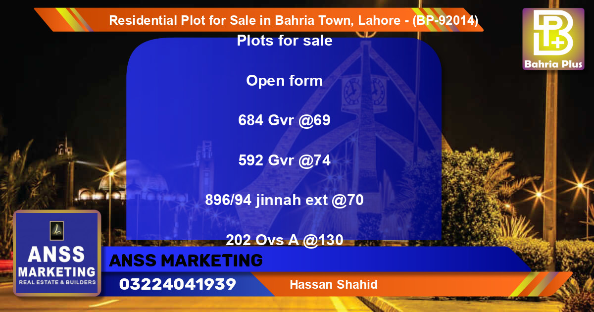 Residential Plot for Sale in Bahria Town, Lahore - (BP-92014)
