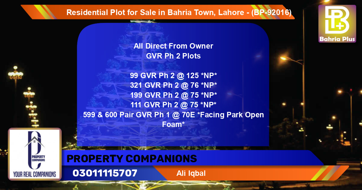 Residential Plot for Sale in Bahria Town, Lahore - (BP-92016)