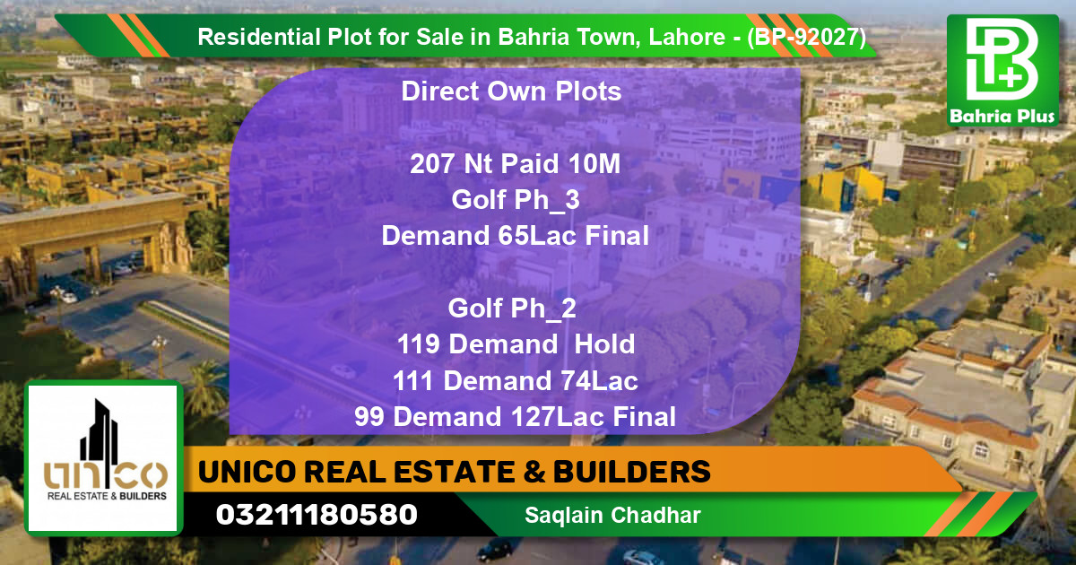 Residential Plot for Sale in Bahria Town, Lahore - (BP-92027)