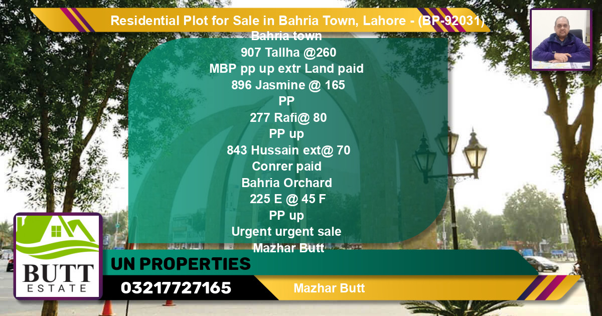 Residential Plot for Sale in Bahria Town, Lahore - (BP-92031)