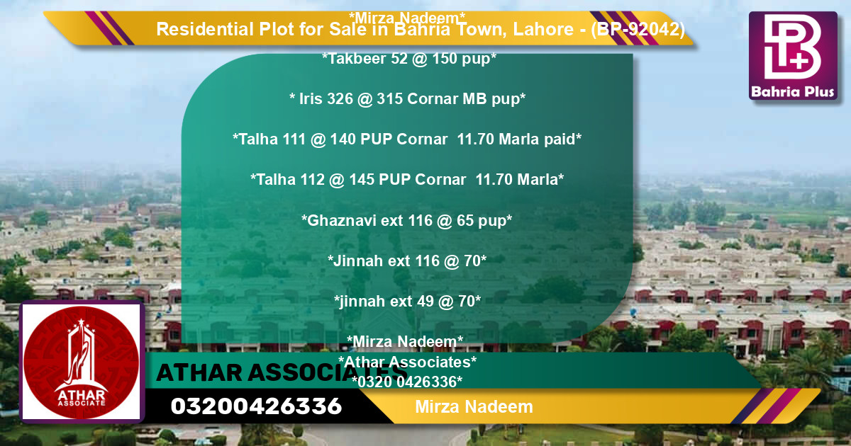 Residential Plot for Sale in Bahria Town, Lahore - (BP-92042)