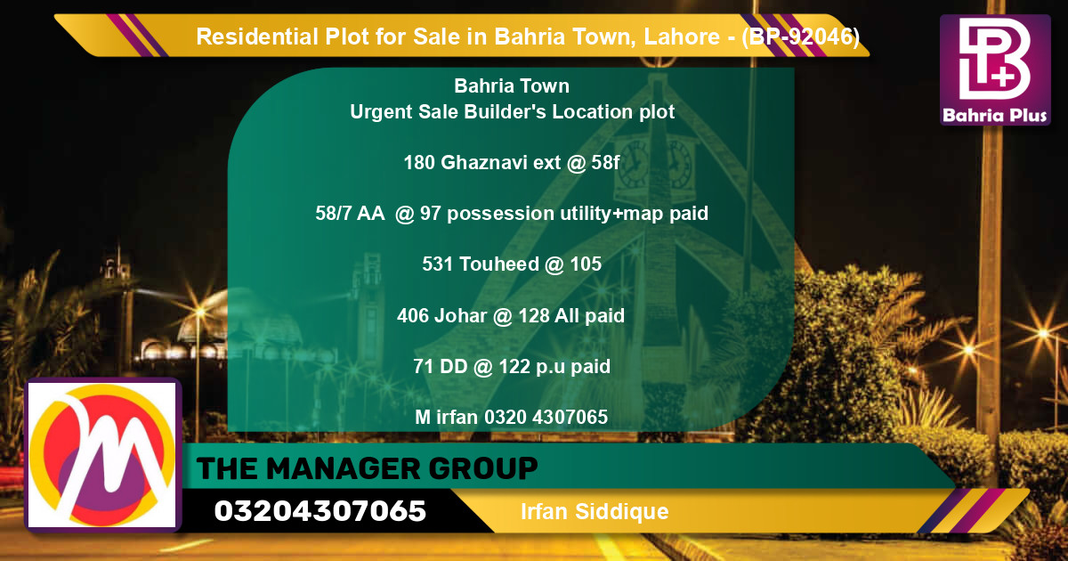 Residential Plot for Sale in Bahria Town, Lahore - (BP-92046)