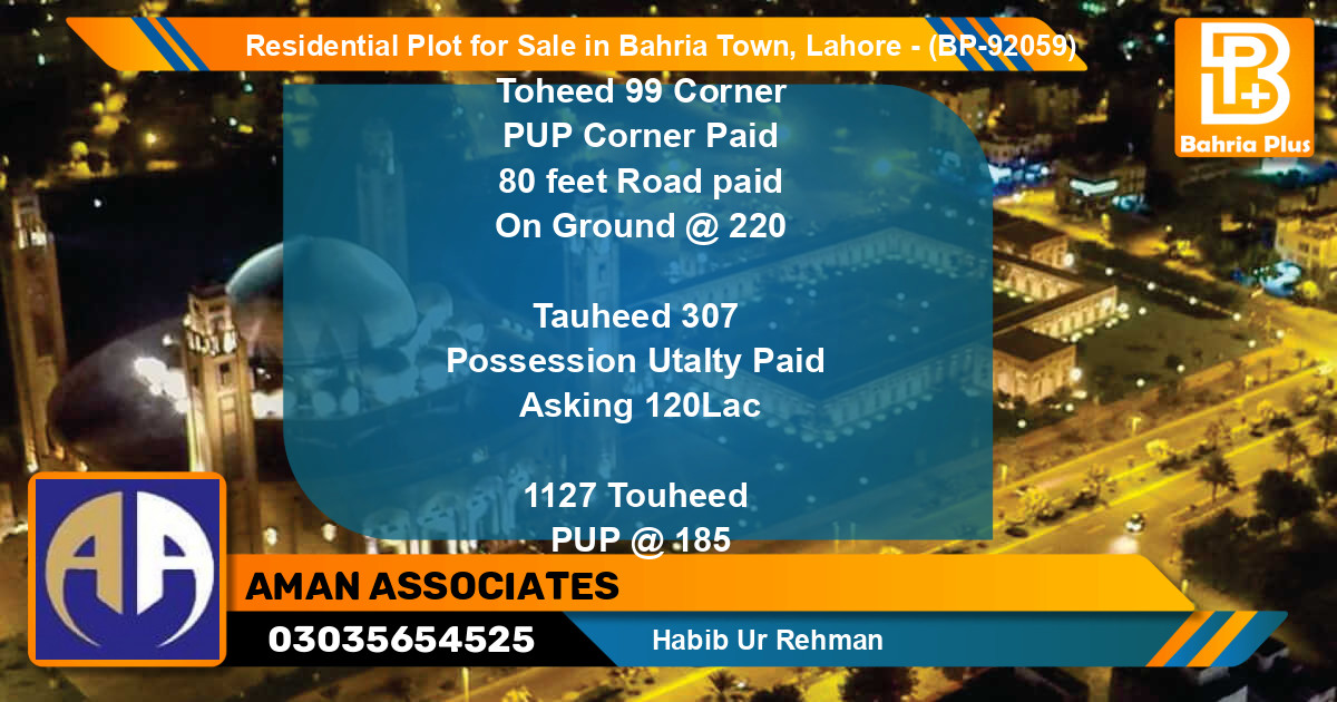 Residential Plot for Sale in Bahria Town, Lahore - (BP-92059)
