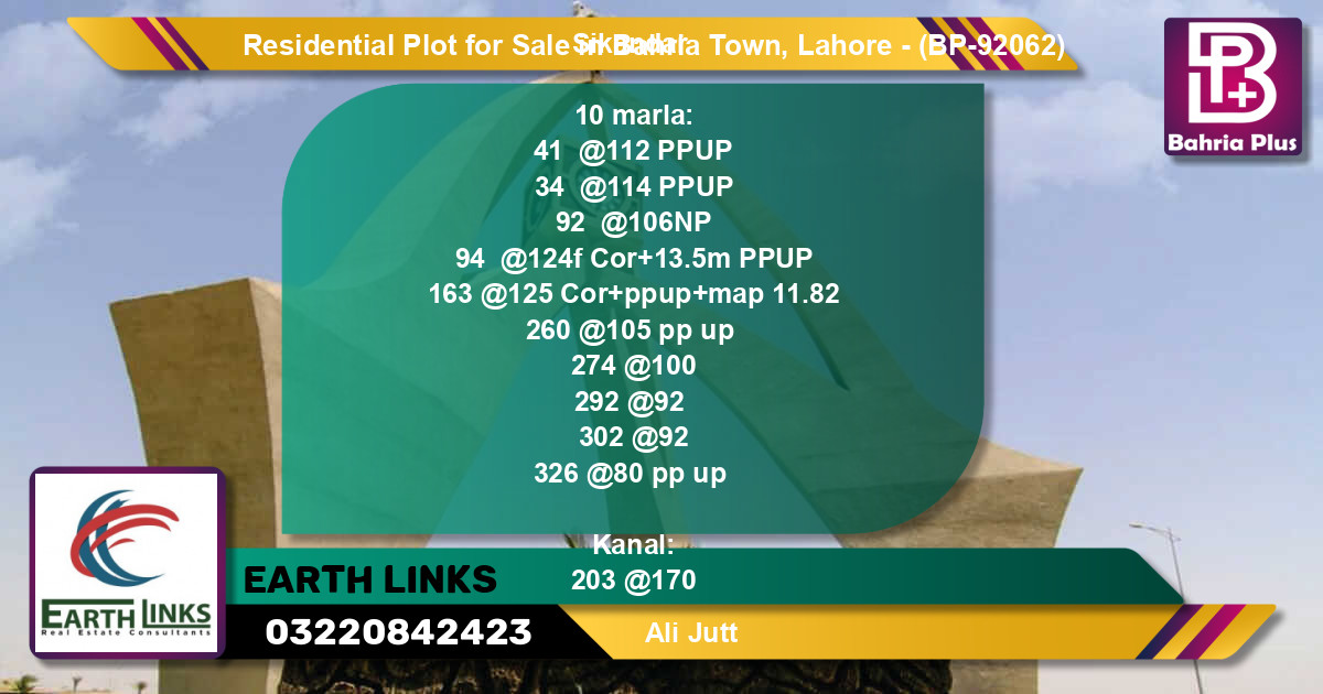 Residential Plot for Sale in Bahria Town, Lahore - (BP-92062)