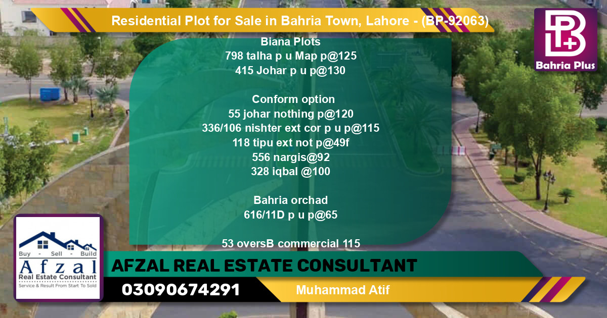 Residential Plot for Sale in Bahria Town, Lahore - (BP-92063)