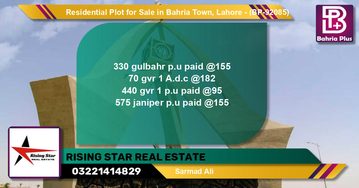 Residential Plot for Sale in Bahria Town, Lahore - (BP-92085)