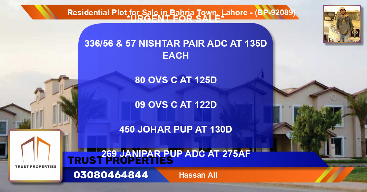 Residential Plot for Sale in Bahria Town, Lahore - (BP-92089)