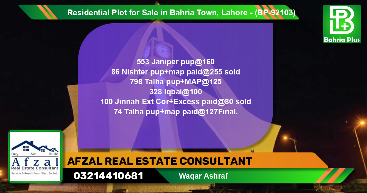 Residential Plot for Sale in Bahria Town, Lahore - (BP-92103)