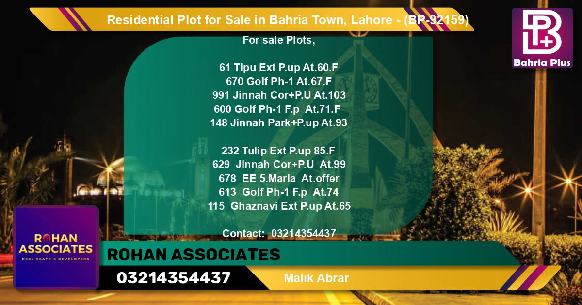 Residential Plot for Sale in Bahria Town, Lahore - (BP-92159)