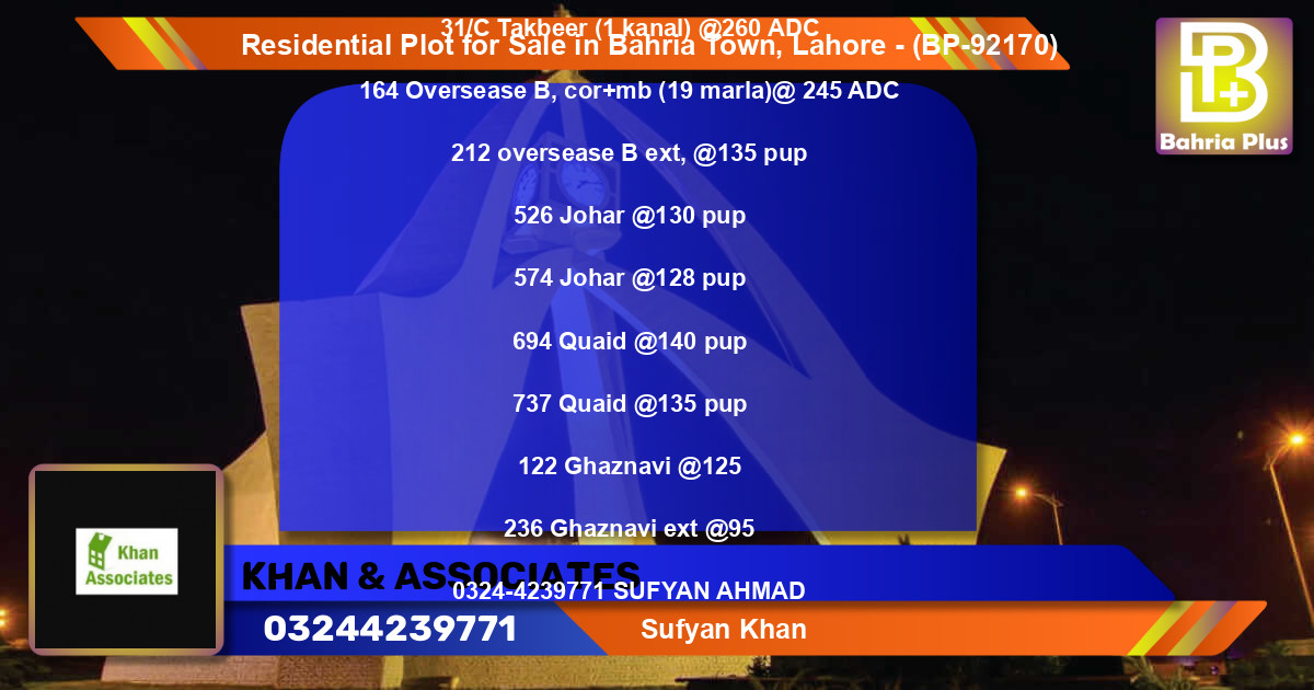 Residential Plot for Sale in Bahria Town, Lahore - (BP-92170)