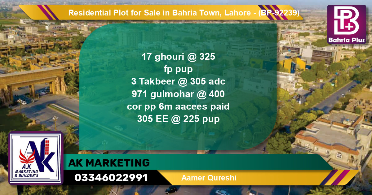 Residential Plot for Sale in Sector B - Ghouri Block -  Bahria Town, Lahore - (BP-92239)