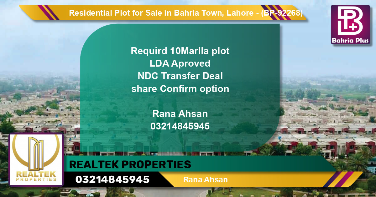 Residential Plot for Sale in Bahria Town, Lahore - (BP-92268)