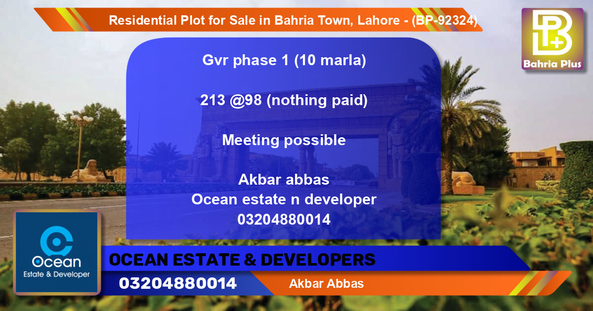 Residential Plot for Sale in Bahria Town, Lahore - (BP-92324)