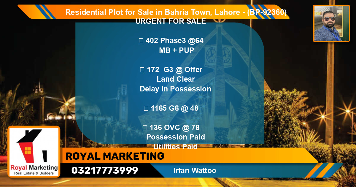 Residential Plot for Sale in Bahria Town, Lahore - (BP-92360)