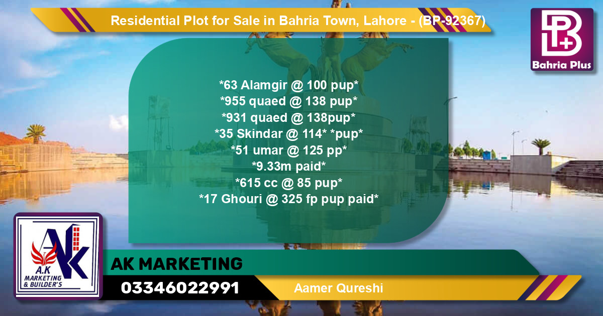 Residential Plot for Sale in Bahria Town, Lahore - (BP-92367)