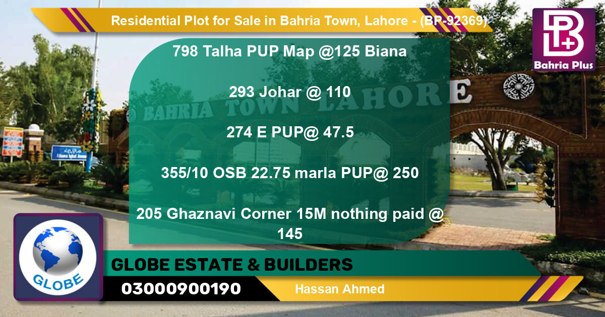 Residential Plot for Sale in Bahria Town, Lahore - (BP-92369)