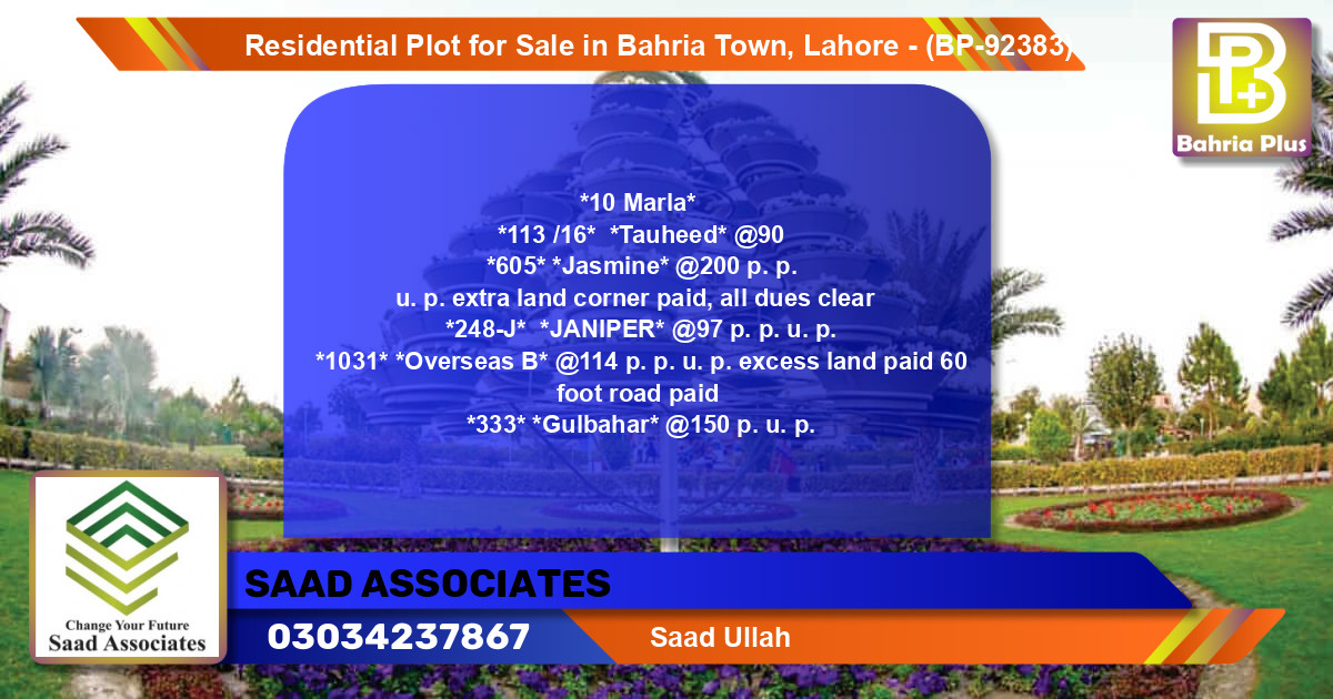 Residential Plot for Sale in Bahria Town, Lahore - (BP-92383)