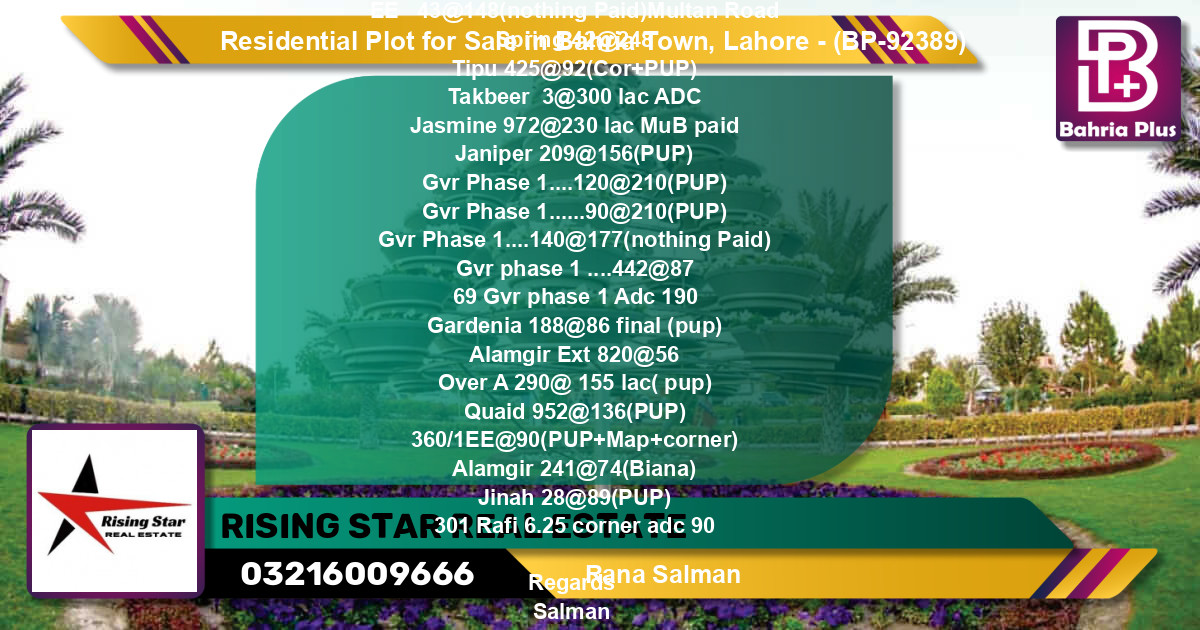 Residential Plot for Sale in Bahria Town, Lahore - (BP-92389)