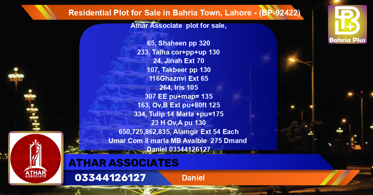 Residential Plot for Sale in Bahria Town, Lahore - (BP-92422)