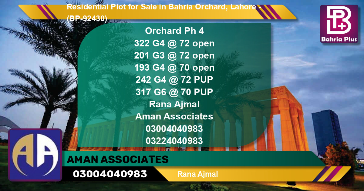 Residential Plot for Sale in Bahria Orchard, Lahore - (BP-92430)