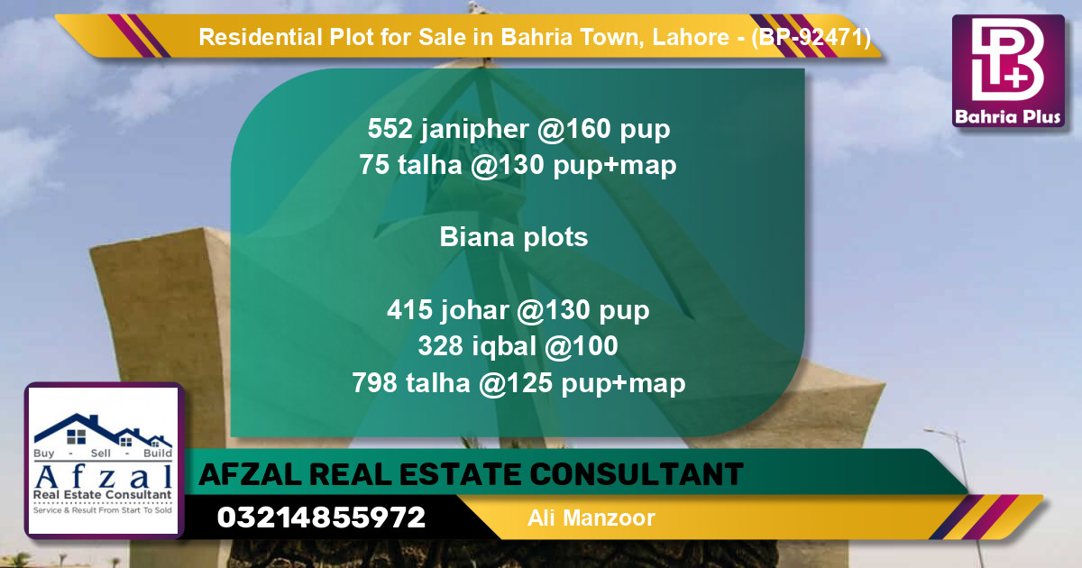 Residential Plot for Sale in Bahria Town, Lahore - (BP-92471)