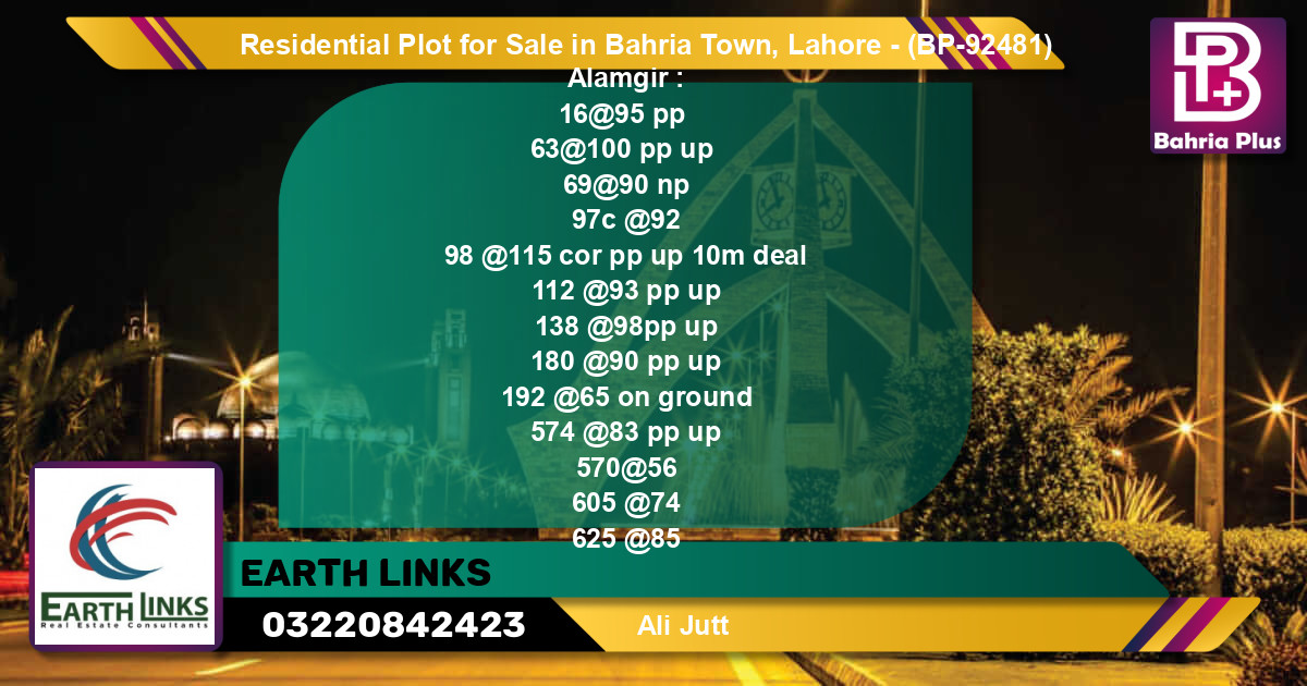 Residential Plot for Sale in Bahria Town, Lahore - (BP-92481)