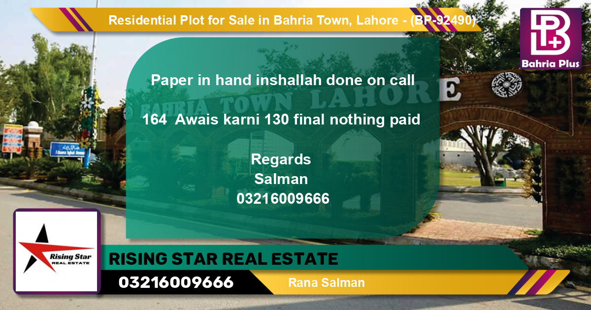 Residential Plot for Sale in Bahria Town, Lahore - (BP-92490)