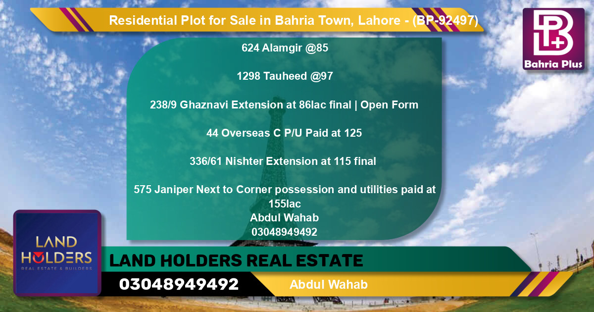 Residential Plot for Sale in Bahria Town, Lahore - (BP-92497)
