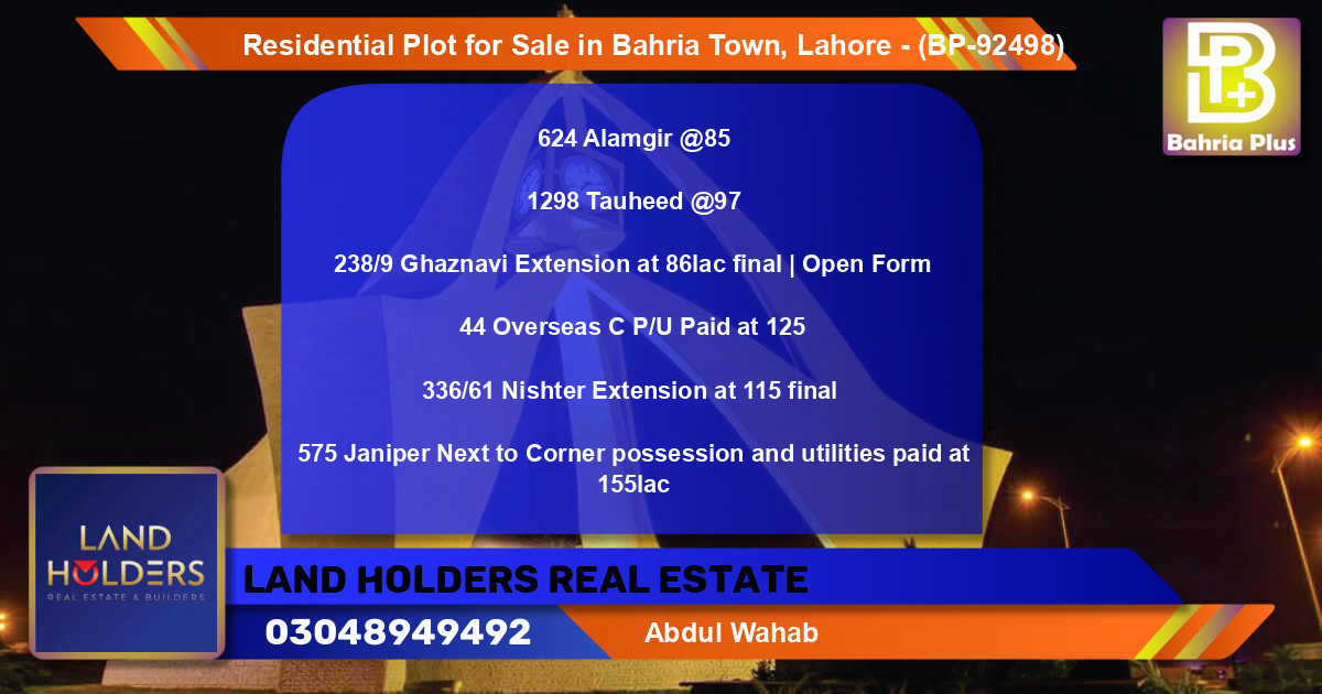 Residential Plot for Sale in Bahria Town, Lahore - (BP-92498)