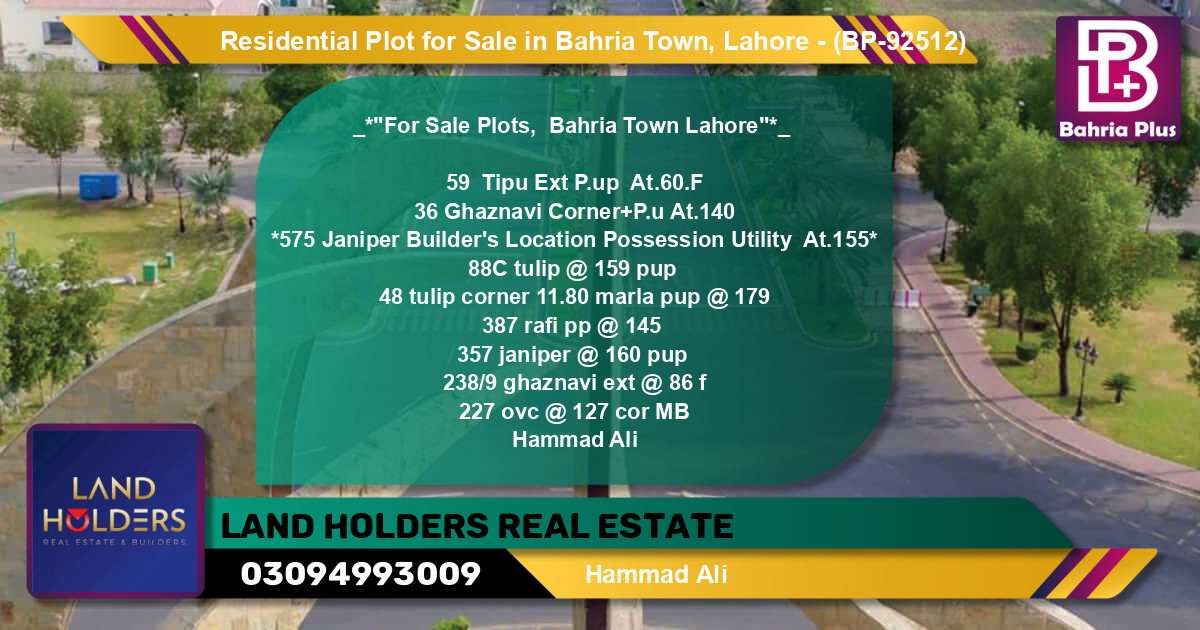 Residential Plot for Sale in Bahria Town, Lahore - (BP-92512)