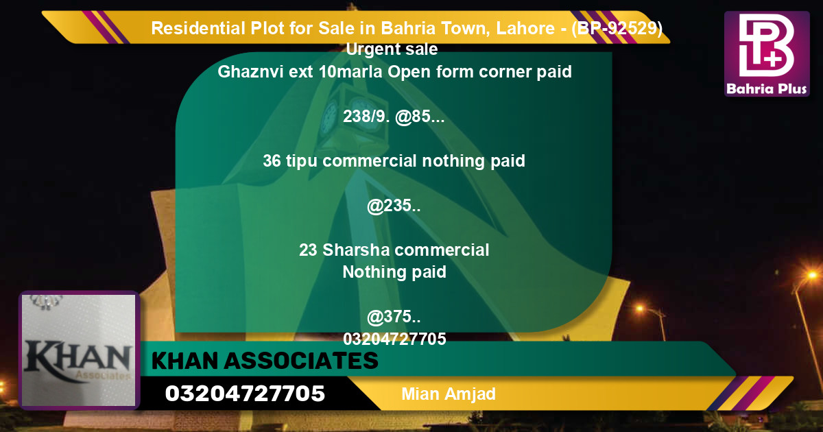 Residential Plot for Sale in Bahria Town, Lahore - (BP-92529)