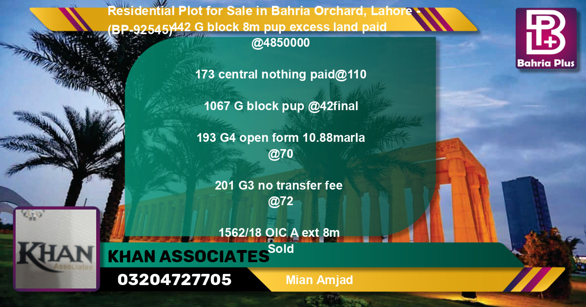 Residential Plot for Sale in Bahria Orchard, Lahore - (BP-92545)