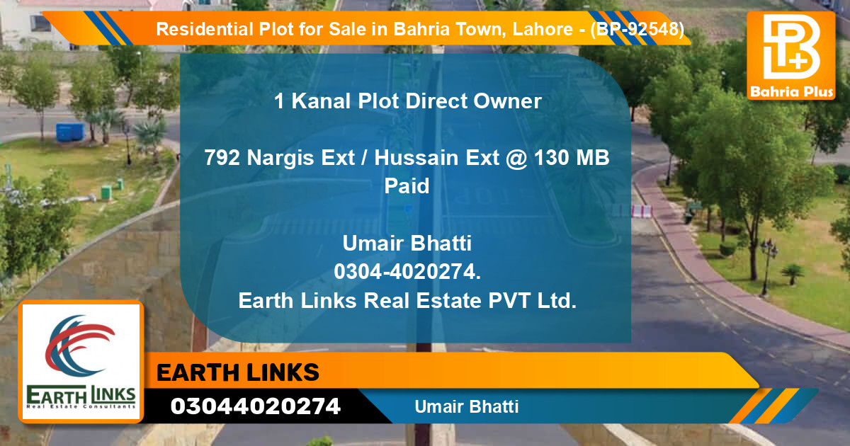 Residential Plot for Sale in Bahria Town, Lahore - (BP-92548)