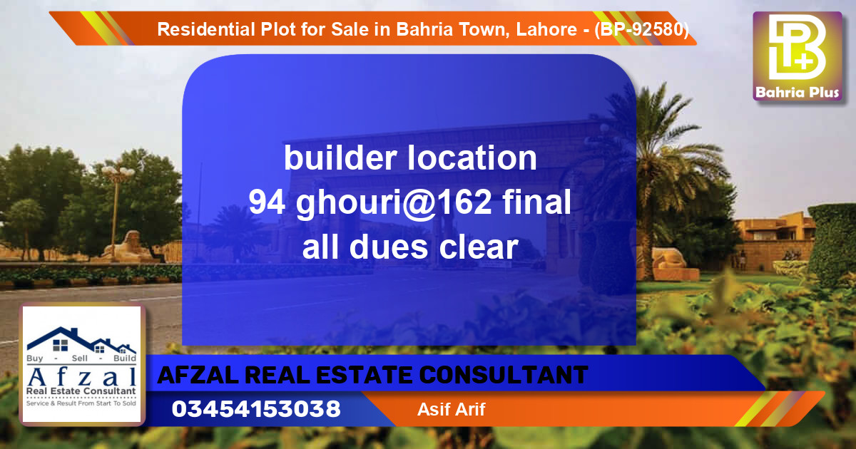 Residential Plot for Sale in Bahria Town, Lahore - (BP-92580)