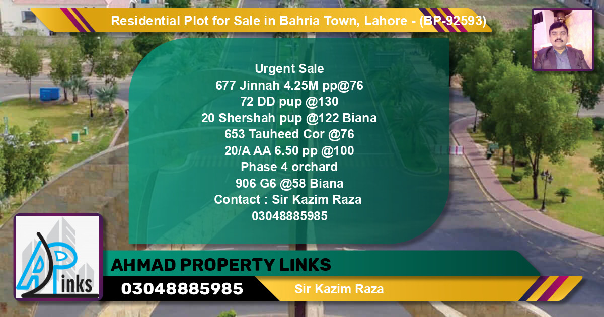 Residential Plot for Sale in Bahria Town, Lahore - (BP-92593)