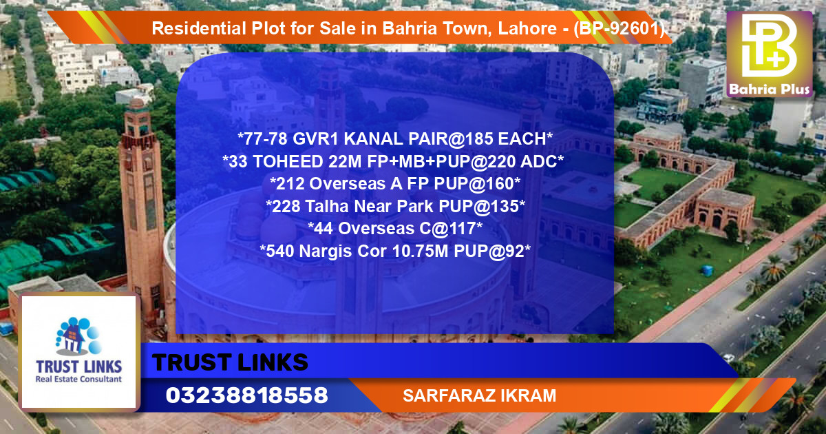 Residential Plot for Sale in Bahria Town, Lahore - (BP-92601)