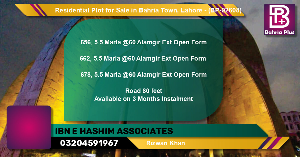Residential Plot for Sale in Bahria Town, Lahore - (BP-92608)
