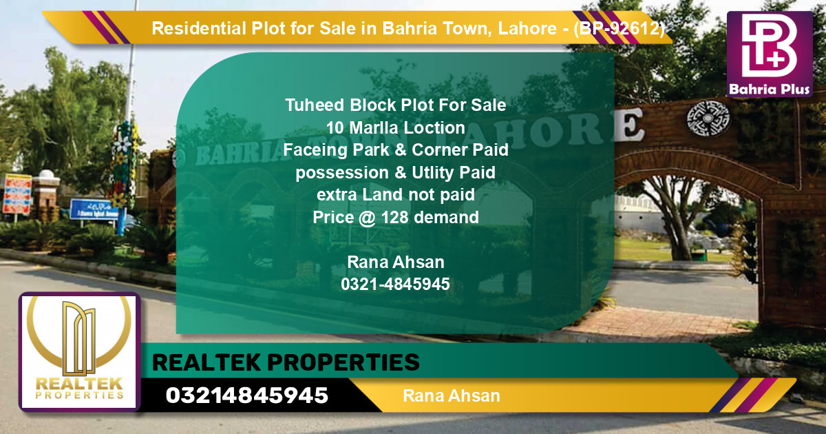 Residential Plot for Sale in Bahria Town, Lahore - (BP-92612)