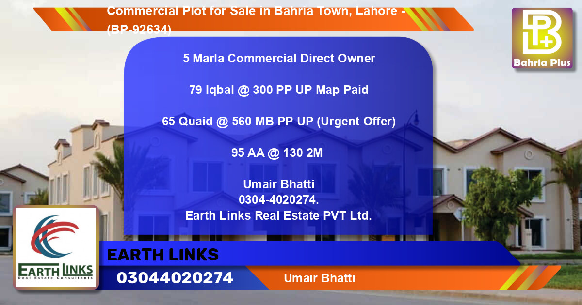 Commercial Plot for Sale in Bahria Town, Lahore - (BP-92634)