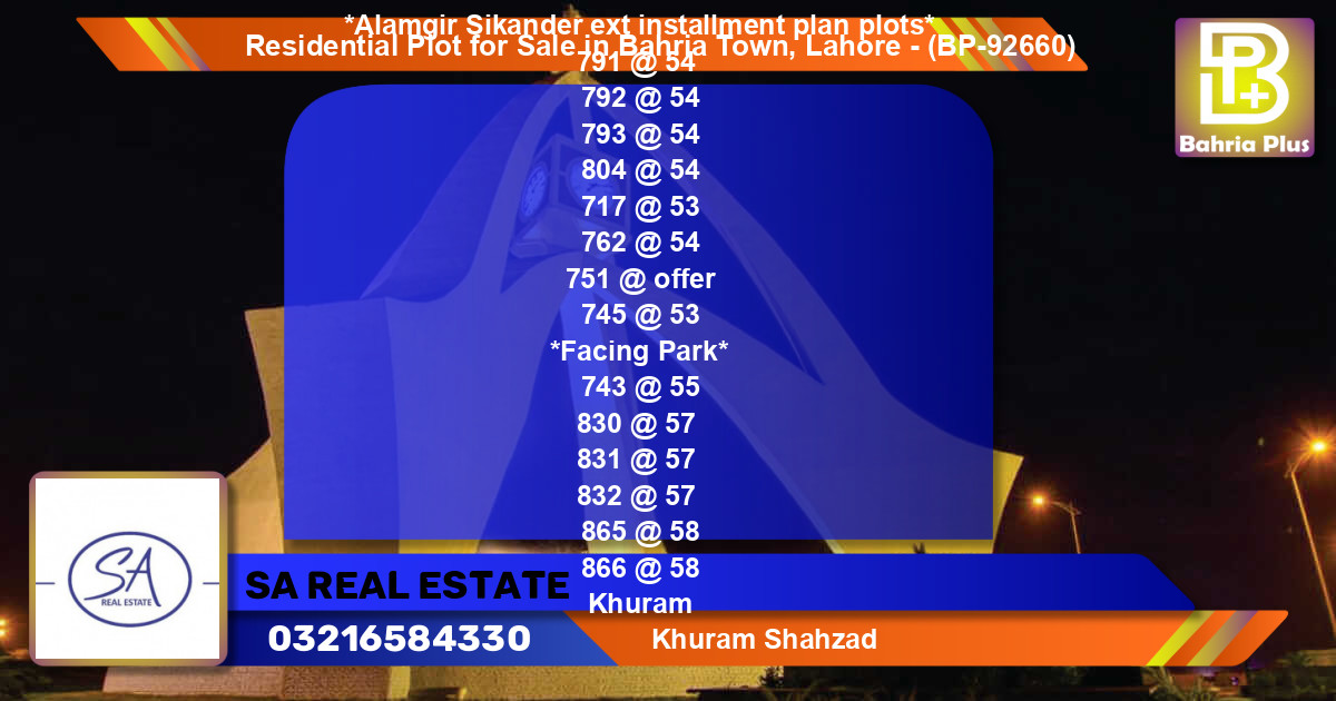 Residential Plot for Sale in Bahria Town, Lahore - (BP-92660)